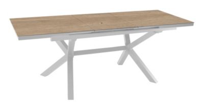 Table de jardin extensible Absolu Proloisirs céramique mat coloris chêne clair châssis blanc P.100 cm x L.180/240 cm x H.77 cm