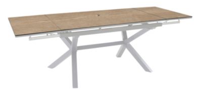 Table de jardin extensible Absolu Proloisirs céramique mat coloris chêne clair châssis blanc P.100 cm x L.180/280 cm x H.77.5 cm