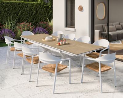 Table de jardin extensible Absolu Proloisirs céramique mat coloris chêne clair châssis blanc P.100 cm x L.180/280 cm x H.77.5 cm