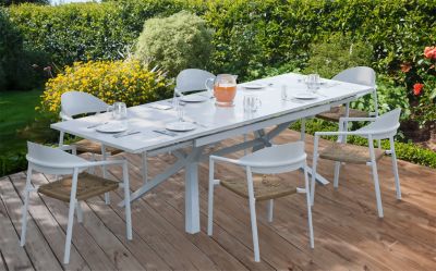 Table de jardin extensible Absolu Proloisirs céramique mat coloris Dual blanc châssis blanc P.100 cm x L.180/280 cm x H.77.5 cm
