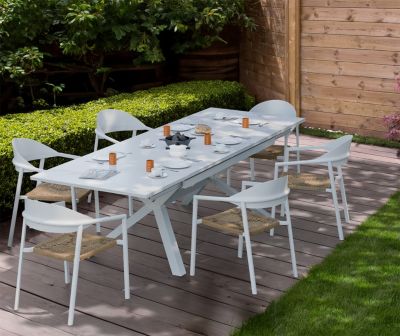 Table de jardin extensible Absolu Proloisirs céramique mat coloris Dual blanc châssis blanc P.100 cm x L.180/280 cm x H.77.5 cm