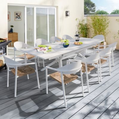 Table de jardin extensible Absolu Proloisirs céramique mat coloris Dual blanc châssis blanc P.100 cm x L.180/280 cm x H.77.5 cm