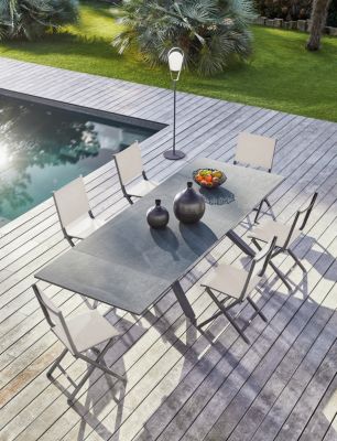 Table de jardin extensible Absolu Proloisirs céramique mat coloris Magma châssis graphite P.100 cm x L.180/280 cm x H.77.5 cm