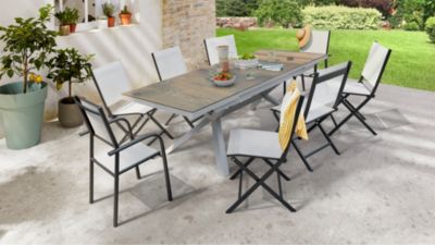 Table de jardin extensible Absolu Proloisirs HPL mat coloris chêne châssis blanc P.100 cm x L.180/240 cm x H.77 cm