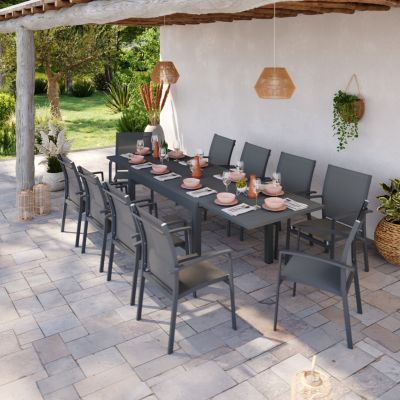 Table de jardin extensible aluminium 135/270cm + 10 Fauteuils empilables textilène Gris Anthracite - ANDRA 10