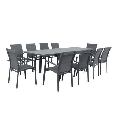 Table de jardin extensible aluminium 135/270cm + 10 Fauteuils empilables textilène Gris Anthracite - ANDRA 10