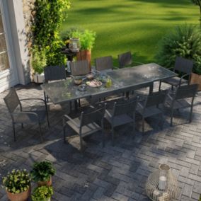 Table de jardin extensible aluminium 270cm + 10 fauteuils empilables textilène anthracite - LIO 10