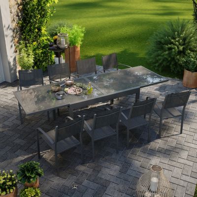 Table de jardin extensible aluminium 270cm + 8 fauteuils empilables textilène anthracite - LIO 8