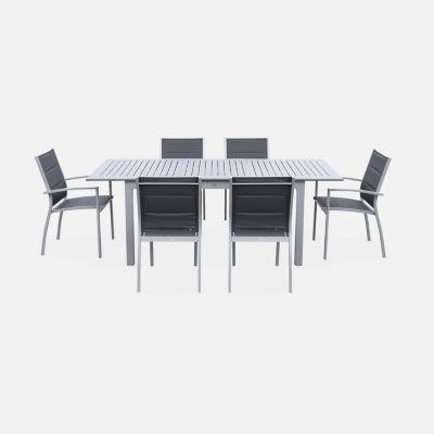 Table de jardin extensible aluminium + 6 assises - Chicago 210 Gris - Table en aluminium 150/210cm avec rallonge et 6 assises en