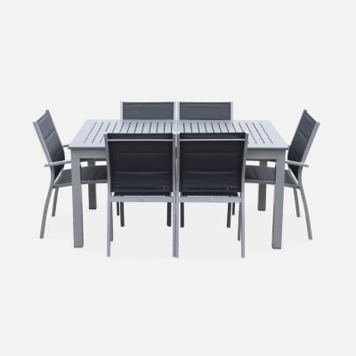 Table de jardin extensible aluminium + 6 assises - Chicago 210 Gris - Table en aluminium 150/210cm avec rallonge et 6 assises en
