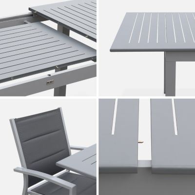 Table de jardin extensible aluminium + 6 assises - Chicago 210 Gris - Table en aluminium 150/210cm avec rallonge et 6 assises en