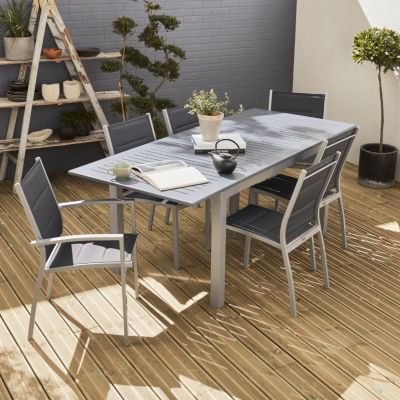 Table de jardin extensible aluminium + 6 assises - Chicago 210 Gris - Table en aluminium 150/210cm avec rallonge et 6 assises en