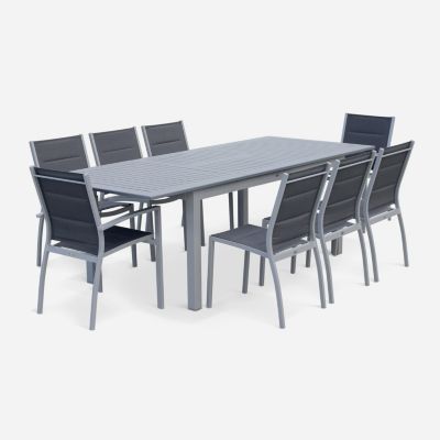 Table de jardin extensible aluminium + 8 assises - Chicago Gris - Table en aluminium 175/245cm avec rallonge et 8 assises en