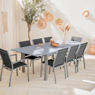 Table de jardin extensible aluminium + 8 assises - Chicago Gris - Table en aluminium 175/245cm avec rallonge et 8 assises en