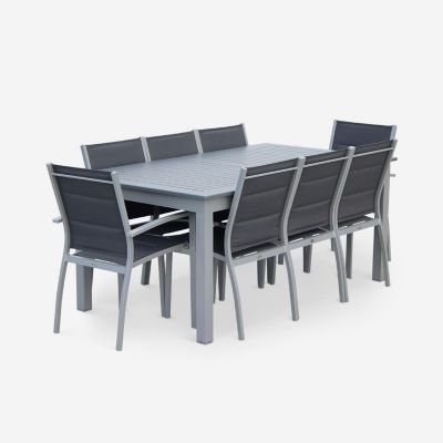 Table de jardin extensible aluminium + 8 assises - Chicago Gris - Table en aluminium 175/245cm avec rallonge et 8 assises en