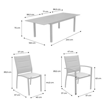 Table de jardin extensible aluminium + 8 assises - Chicago Gris - Table en aluminium 175/245cm avec rallonge et 8 assises en