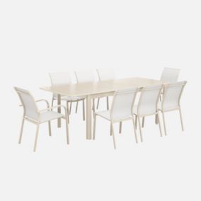 Table de jardin extensible aluminium et textilène beige. 6 chaises. 2 fauteuils. 8 places. 236.5 x 100 x 75 cm