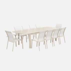 Table de jardin extensible aluminium et textilène beige. 8 chaises. 2 fauteuils. 10 places. 290 x 100 x 75 cm