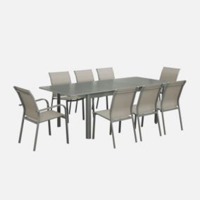 Table de jardin extensible aluminium et textilène kaki. 6 chaises. 2 fauteuils. 8 places. 236.5 x 100 x 75 cm