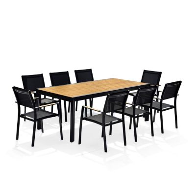 Table de jardin extensible aluminium noir 200/300cm + 10 fauteuils empilables textilène - MARCEAU