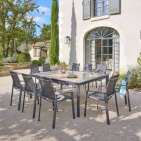 Table de jardin extensible carrée "Évasion" effet bois honey & argile 10 places lates en aluminium - Hespéride