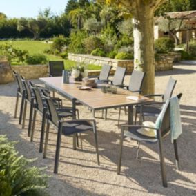 Table de jardin extensible coulissante "Évasion" effet bois honey & graphite 10 places lates en aluminium - Hespéride