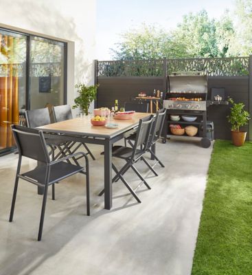 Table de jardin extensible Cubic en aluminium coloris graphite et imitation bois L.187/247 x l.100 x H.76 cm