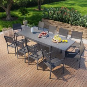 Table de jardin extensible en aluminium 270cm + 10 fauteuils empilables textilène anthracite - MILO 10