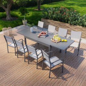 Table de jardin extensible en aluminium 270cm + 8 fauteuils empilables textilène anthracite gris - MILO 8