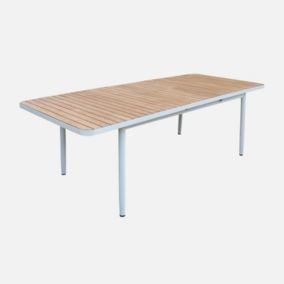 Table de jardin extensible en bois teck. structure aluminium blanc 8 places