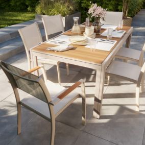 Table de jardin extensible Rowa en aluminium coloris crème et plateau imitation bois GoodHome