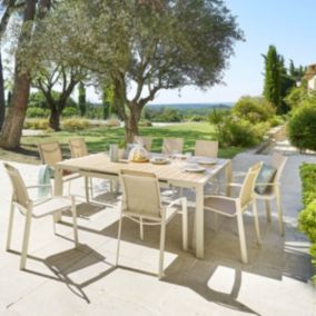 Table de jardin extensible "Évasion" en aluminium lin et blanc traité époxy 10 places - Hespéride