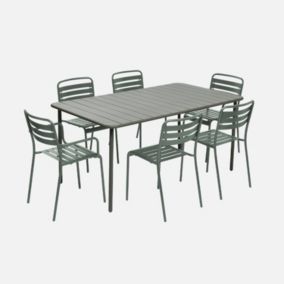 Table de jardin métal + 2 fauteuils et 4 chaises. kaki. acier traitement anti rouille