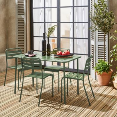 Table de jardin métal + 4 assises vert en acier. Amelia. 120 x 70 x 72.5 cm