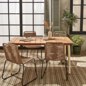 Table de jardin MARINGA bois et métal ivoire 150cm + 4 chaises de jardin en corde beige BRASILIA. empilables