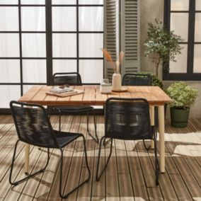 Table de jardin MARINGA bois et métal ivoire 150cm + 4 chaises de jardin en corde noire BRASILIA. empilables