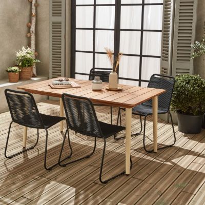 Table de jardin MARINGA bois et métal ivoire 150cm + 4 chaises de jardin en corde noire BRASILIA. empilables