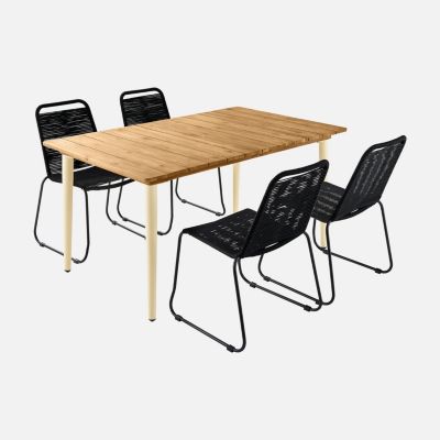 Table de jardin MARINGA bois et métal ivoire 150cm + 4 chaises de jardin en corde noire BRASILIA. empilables