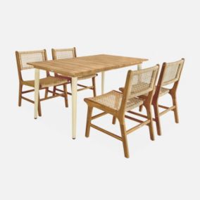 Table de jardin MARINGA bois et métal ivoire. 150cm + 4 chaises de jardin Ocara. cannage et bois