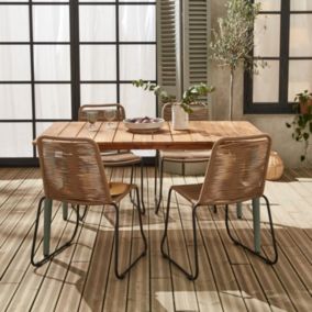 Table de jardin MARINGA bois et métal kaki 150cm + 4 chaises de jardin en corde beige BRASILIA. empilables