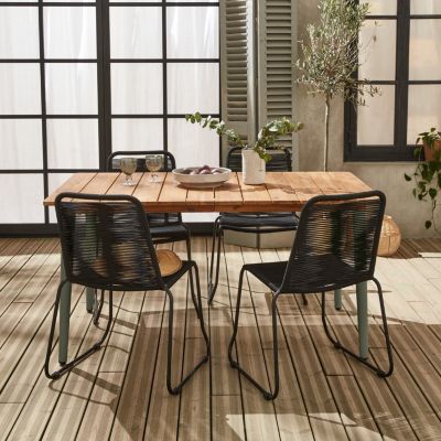 Table de jardin MARINGA bois et métal kaki 150cm + 4 chaises de jardin en corde noire BRASILIA. empilables