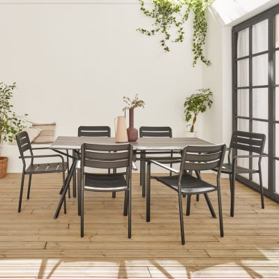 Table de jardin plateau effet bois structure acier 180 cm avec 6 fauteuils en acier incluses