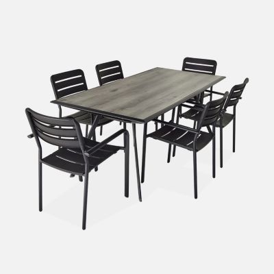 Table de jardin plateau effet bois structure acier 180 cm avec 6 fauteuils en acier incluses