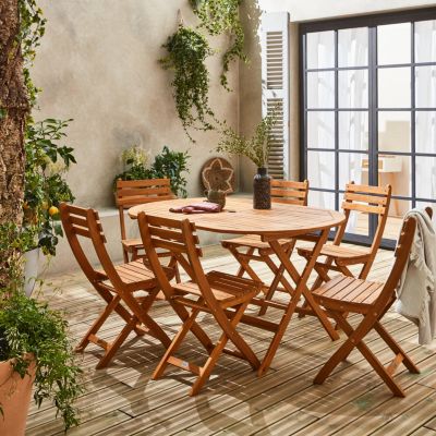Table De Jardin Pliable 150cm En Acacia + 6 Chaises | Bois Huilé | Forme Ovale | Style Macapa