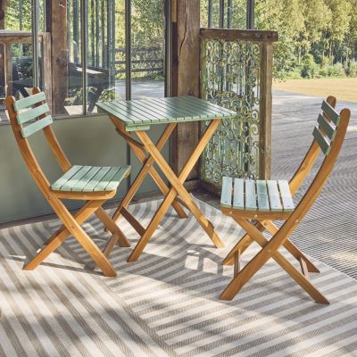 Table de jardin pliante bois d'acacia + 2 assises vert de gris HILORA . table carrée