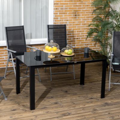 Table de jardin rectangulaire 6 personnes dim. 150L x 90l x 74H cm alu. plateau verre trempé noir