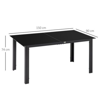 Table de jardin rectangulaire 6 personnes dim. 150L x 90l x 74H cm alu. plateau verre trempé noir