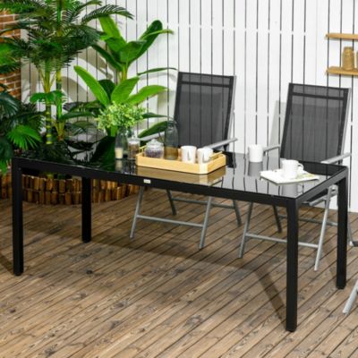 Table de jardin rectangulaire 8 personnes dim. 180L x 80l x 72H cm alu. plateau verre trempé noir