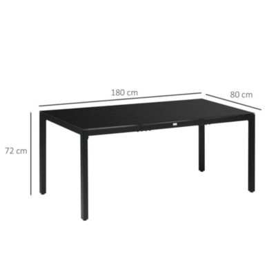 Table de jardin rectangulaire 8 personnes dim. 180L x 80l x 72H cm alu. plateau verre trempé noir
