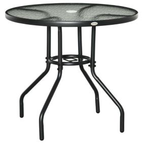 Table de jardin ronde dia. 80 x 72H cm - espace central parasol - métal noir plateau verre trempé texturé